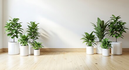 Fototapeta premium Several potted plants on wooden floor in white room