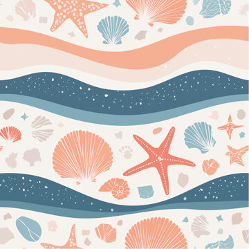 Seashells and starfish pattern on a wavy ocean background illustration featuring shells and ocean creatures from a top-view perspective