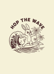 Obraz premium Cartoon Rabbit Surfing on Wave Illustration.