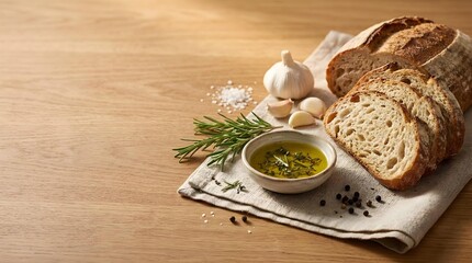 Rustic bread and olive oil still life on wooden table with copy space, warm light