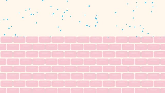 Skin Barrier Protection Animation. Blue Particles Landing on Pink Cells. Concept of Hydration, Absorption, Pollution, and Skincare Science.
