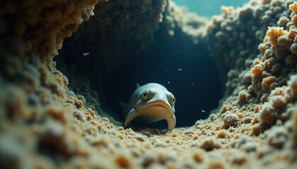 Close Up Of A Reptile Emerging From A Sandy Burrow With Detailed Scales And Yellow Eyes Illuminated By Soft Natural