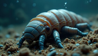 Detailed Macro View Of An Orange Arthropod With Segmented Body And Multiple Legs In Sandy Substrate With Water Droplets
