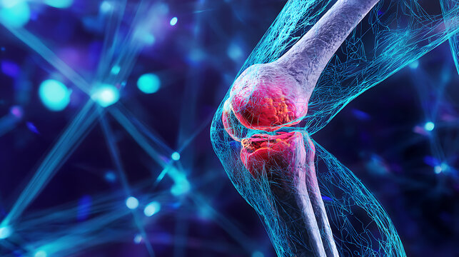 Detailed cgi human knee joint with inflamed red area on a network background
