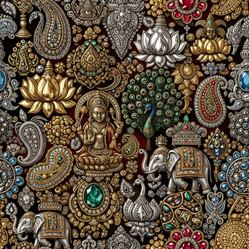 Seanless Pattern of Hinduism Intricate Ornate Jewelry Motifs with Elephants Peacocks and Lotus Flowers