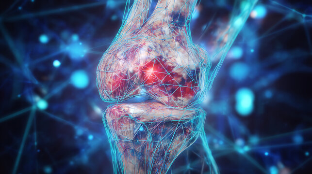 Detailed cgi human knee joint with inflamed red areas on a blue network background