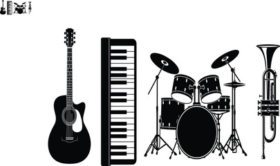 Black Silhouette Musical Instrument Set Featuring Acoustic Guitar Keyboard Piano Full Drum Kit and Trumpet Isolated on White Background for Design © Moshraful