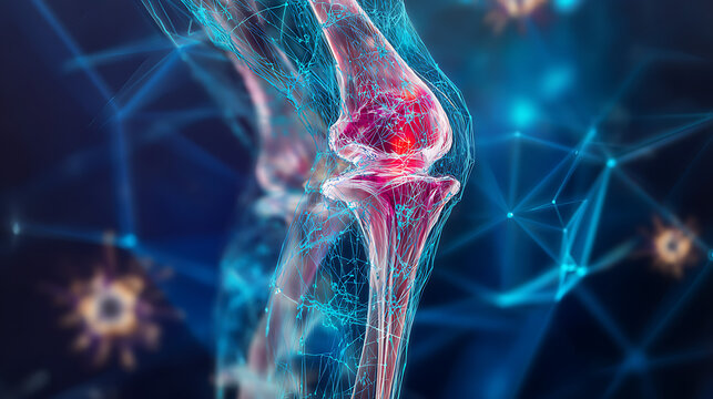 Detailed cgi human knee joint with red inflamed area and blue network background