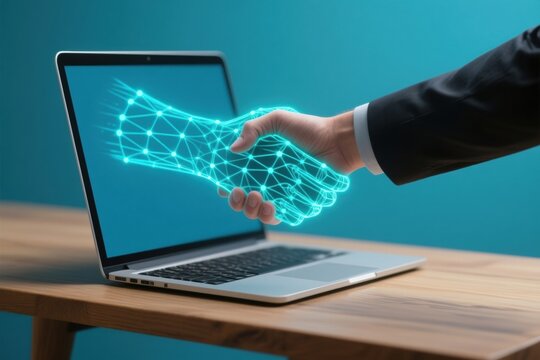 Blockchain based technology handshake between human and digital token hand symbolizes smart contract and secure transaction money trust