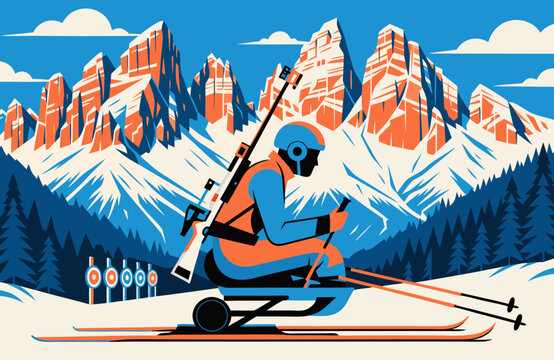 A vector graphic illustration of a skier in a blue and orange suit riding a monoski with a rifle on their back, set against a snowy mountain landscape with trees and targets.