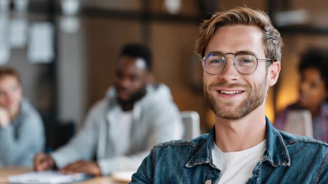 Smiling young man engaged in online learning at a modern workspace with classmates, boosting learning efficiency and collaboration