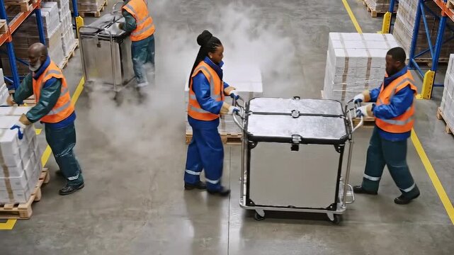 Team loads refrigerated freight carefully. Employees manage freezing containers with safety protocols. Group of workers stock frozen goods in refrigerated space with attention to safety and labeling
