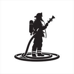  Firefighter with a hose silhouette vector black colour white background