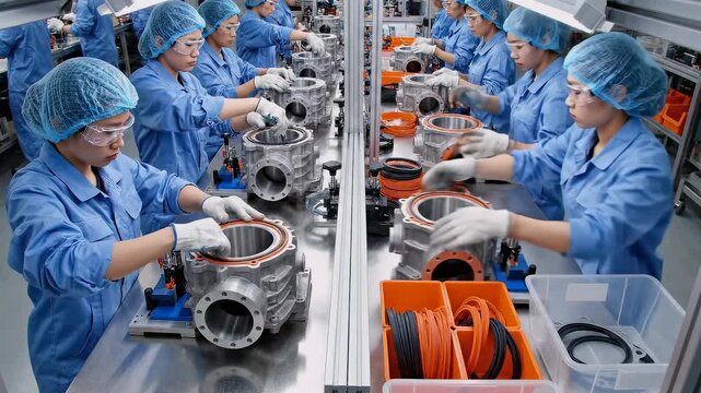 Assembly line workers in hairnets and gloves insert seals and connectors into metal housings under bright task lighting, emphasizing precision, testing and hygiene in electronics production