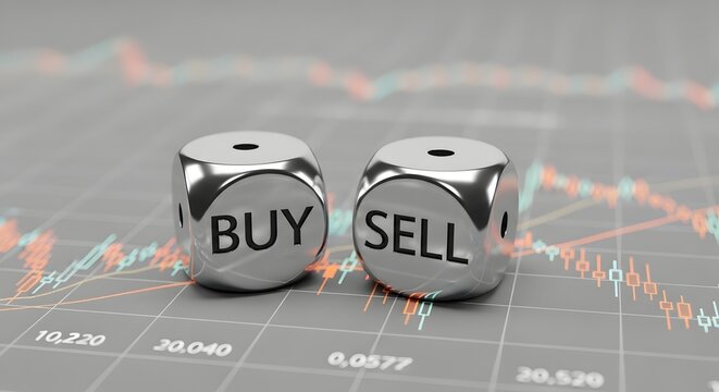 Two shiny metal dice with buy and sell on a stock market graph background for finance and trading concepts