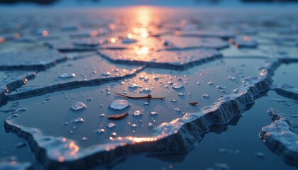 Closeup Of Cracked Ice Floes Reflecting Golden Sunset Light On Water Surface During Dusk Sky In Winter Season