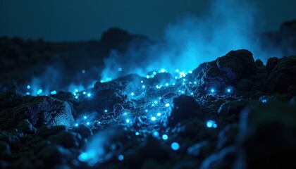 Mystical Night Landscape with Glowing Blue Flora and Soft Mist illuminated by Ethereal Light creating an otherworldly