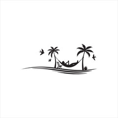  Tropical hammock beach silhouette, palm trees, relaxing person with book, vacation scene vector, black and white leisure graphic design