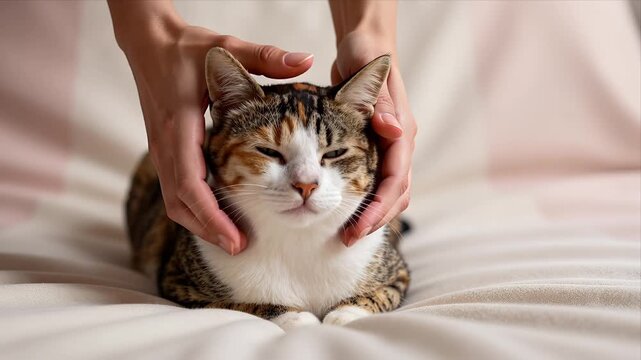 Close up of Hands Gently Petting a Calm Calico Cat Lying on Soft Bed with Serene Expression and Cozy Indoor Setting
