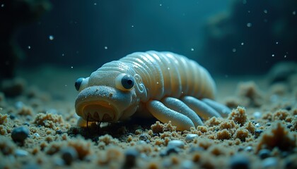 Close Up Of A Strange Underwater Creature On Sand In Dark Water With Tiny Bubbles