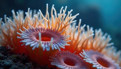 Close Up Macro Shot Of Orange Coral Polyps With Delicate Tentacles In Clear Blue Ocean Water