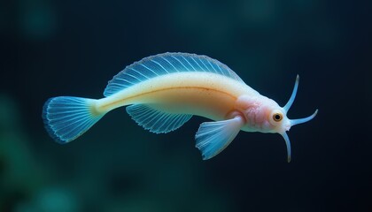 Close Up Of A Small Light Colored Fish With Translucent Fins And Small Tentacles Swimming In Dark Water