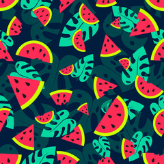 Naklejka premium Vibrant seamless pattern with watermelon slices and monstera leaves on dark blue background 
