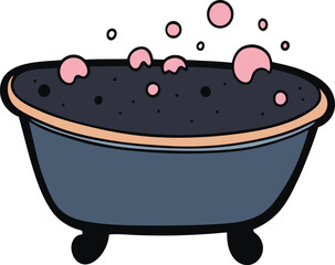 Dark gray bathtub filled with bubbly black water and pink bubbles vector illustration