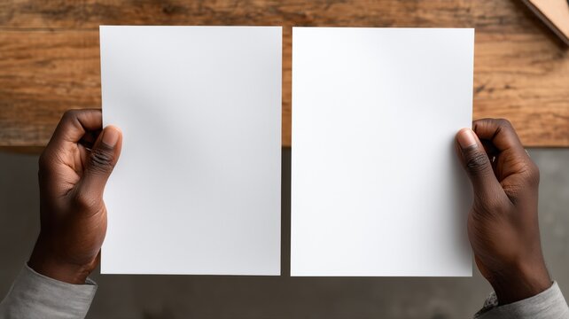 両手で持った白い無地の紙二枚のクローズアップ写真。広告やプレゼン資料の背景素材に最適なシンプルな紙のイメージ。