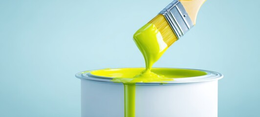 The paintbrush dripping vibrant lime paint into an open white paint can