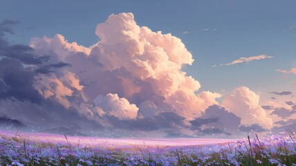 Naklejka premium 壮大な雲が広がる花畑の風景。自然や癒しをテーマにした背景素材
