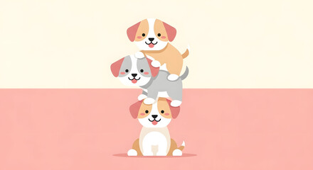 A charming cartoon illustration of three adorable puppies stacked playfully on top of each other, with a soft, pastel background