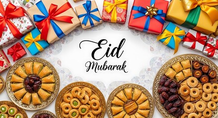 Naklejka premium Celebrating eid with traditional sweets and festive gifts arrangement.