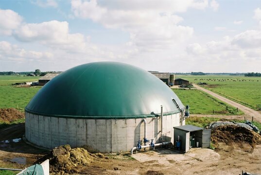 Biogas digester with green balloon roof processing agricultural waste