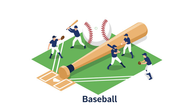 Dynamic isometric baseball game illustration featuring players in action with a giant bat and ball on a green field diamond.