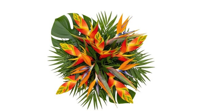Colorful Tropical Leaves Arrangement on White Background.