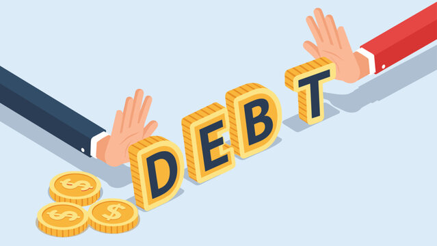 Hands push back against the word DEBT constructed from large blocks to illustrate the struggle of overcoming financial burdens.