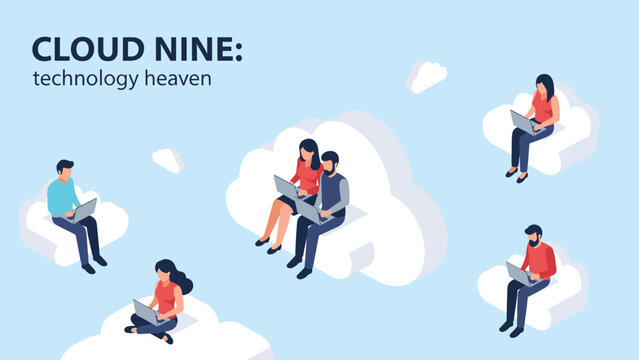 Group of diverse tech users sit on fluffy white clouds using laptops to illustrate the concept of cloud computing and digital connectivity.