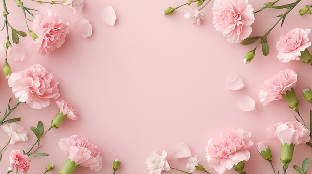 Pink carnations frame on a pastel pink background with petals scattered around.