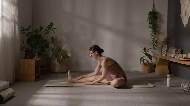 Wide shot of Caucasian female yoga practitioner doing seated one leg forward bend and janu shirshasana, to stretch hamstring muscles, while training to improve flexibility at home