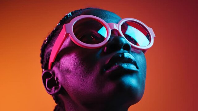 Close up portrait of a person wearing round pink sunglasses illuminated by vibrant neon light against an orange background