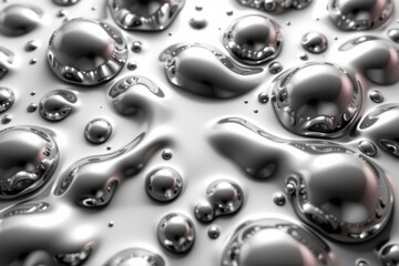 Shiny metallic liquid droplets form irregular, reflective shapes on a smooth surface, creating an abstract and futuristic appearance.