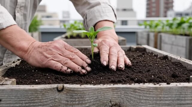 Person planting a small green seedling in a pot of soil on a rooftop garden surrounded by city buildings
