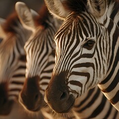 Naklejka premium A striking close-up of three zebras standing closely together, showcasing their distinctive black and white stripes in golden afternoon light.