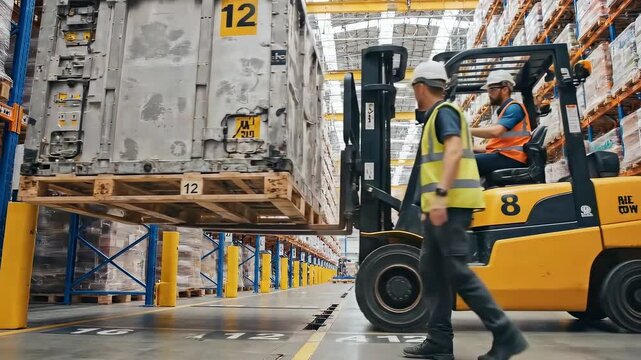 Safety checks ensure stable pallet stacking. Operator and worker coordinate to secure heavy loads safely. Heavy pallet being moved under supervision with safety precautions in busy warehouse aisle