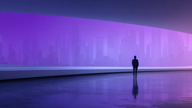 Silhouette of a Person Gazing at a Futuristic Cityscape with Vibrant Purple Light Reflections and Abstract Architecture