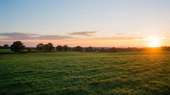 Golden Hour Glow: A Serene Landscape of Fields and Trees.