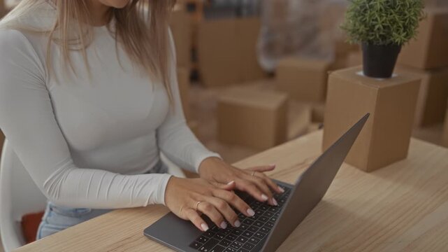 Woman typing on laptop inside new home with moving boxes around, suggesting a modern lifestyle change or relocation theme, blonde hair and wearing casual white top.