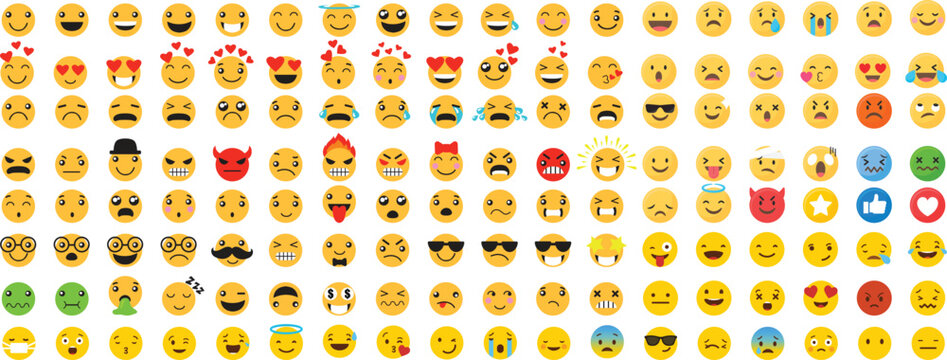 Large Collection of Modern Yellow Emoji Face Icons Set with Diverse Expressions