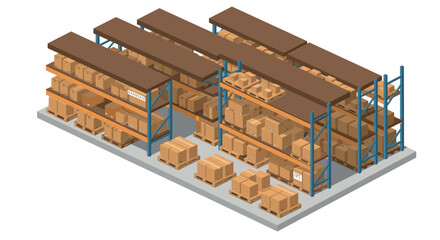 isometric warehouse storage shelves with stacked cardboard boxes and pallets hand drawn illustration